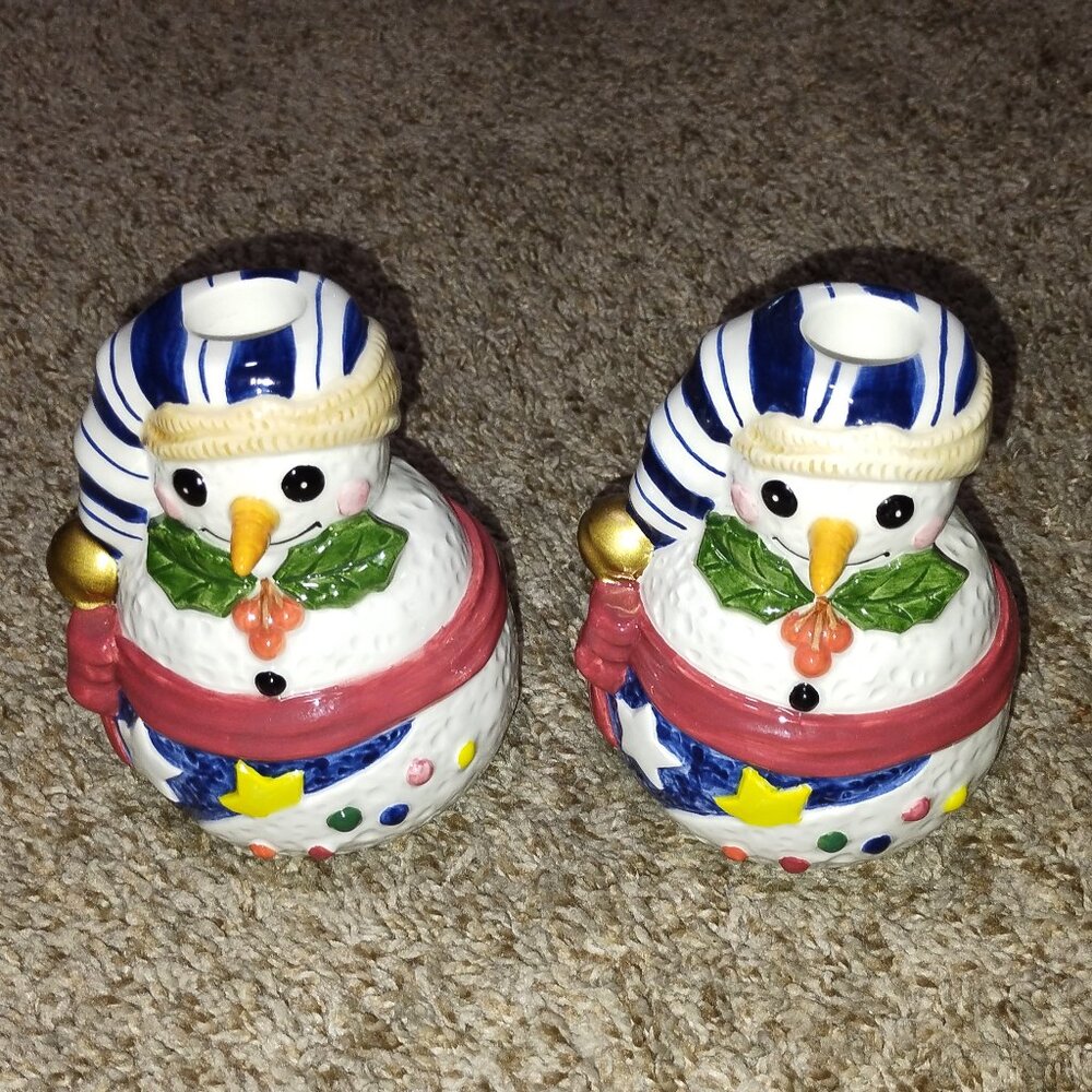 NWOB Noritake Epoch Snowmen Taper Candle Holders.